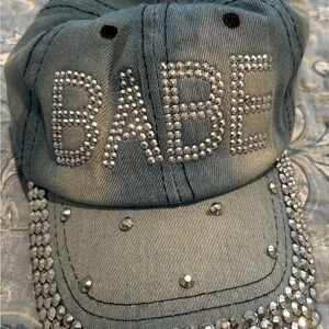 Rhinestone 'BABE' Denim Cap in Light Blue